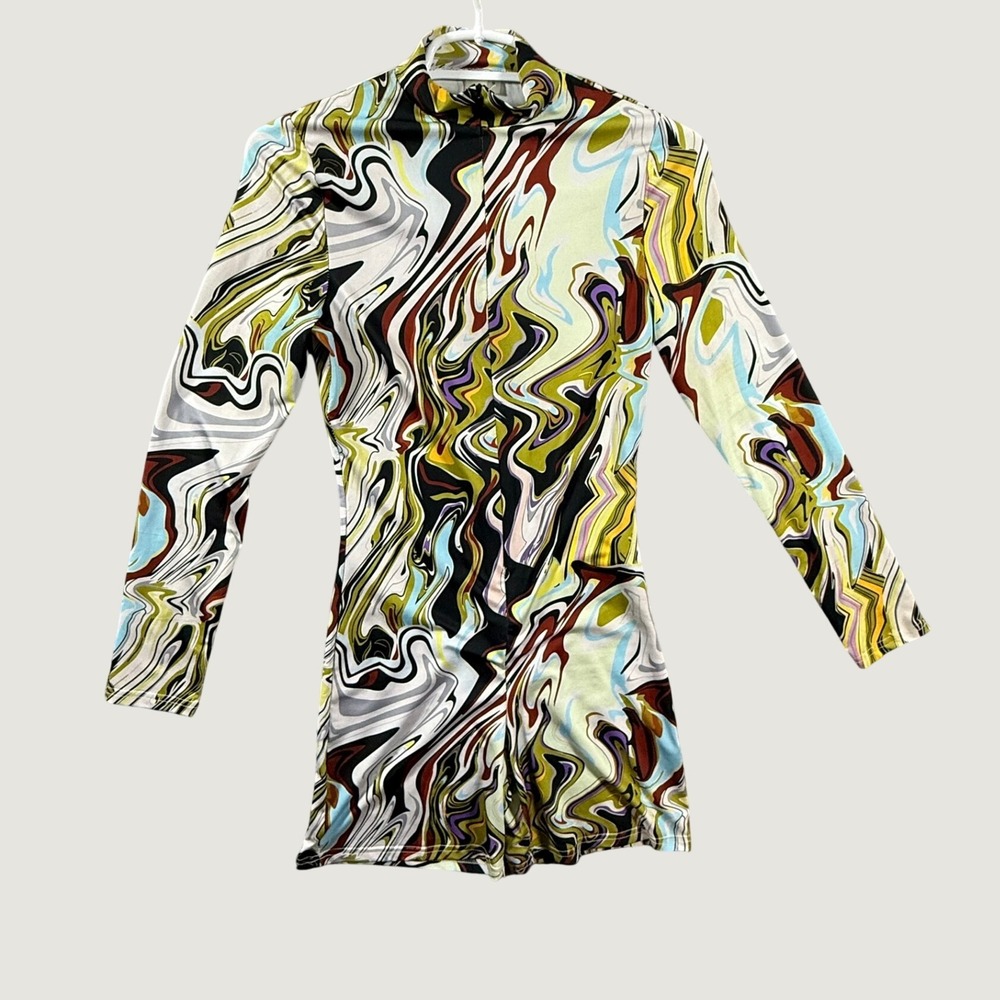 Halfheart Psychedelic Marble Print Mock Neck Long Sleeve Romper Multi